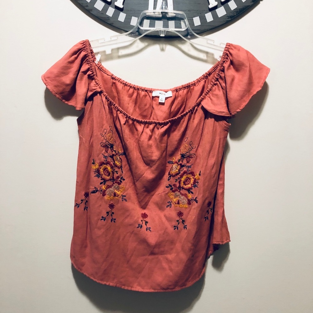 Off the shoulder coral shirt